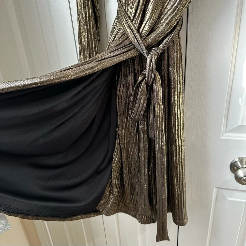 Rachel Roy Collection Pleated Metallic Wrap Dress Black & Gold 2X NWT